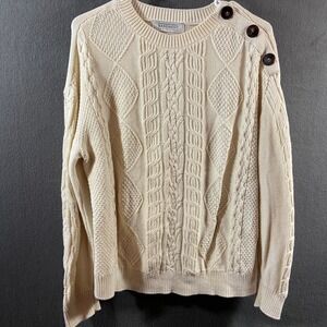 women Organic Cotton sweater medium cream Cable‎ Knit chunky fisherman coastal